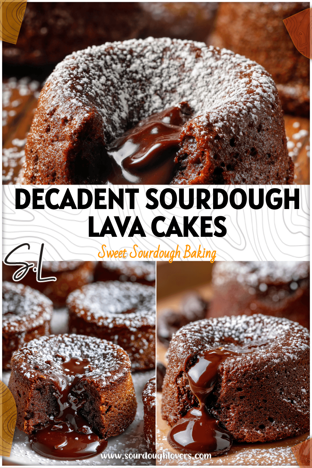 Warm chocolate lava cakes made with sourdough discard topped with melted chocolate and powdered sugar.